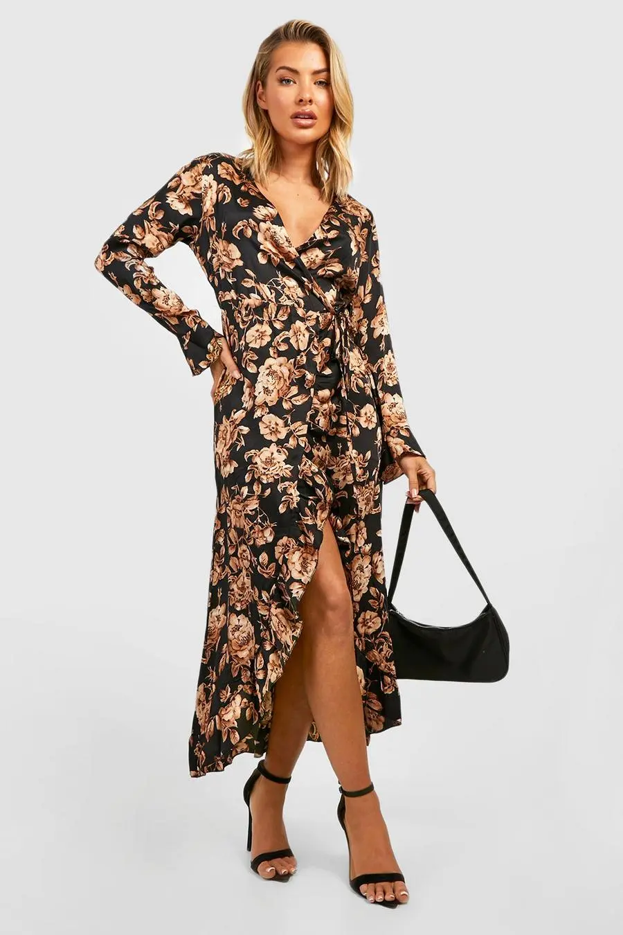 Satin Floral Ruffle Wrap Midi Dress
