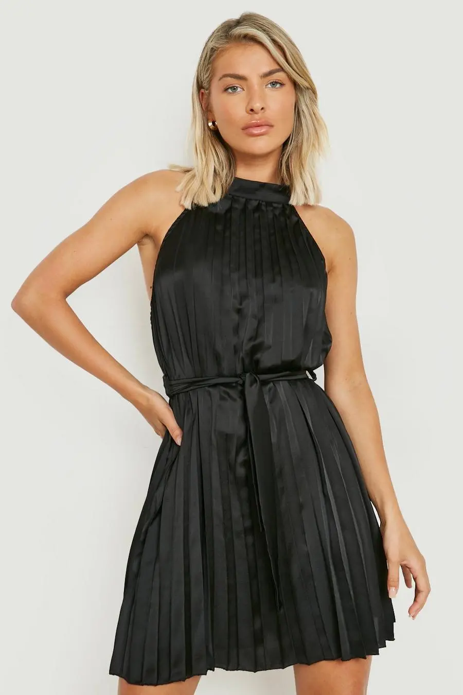 Satin Pleated Belted Mini Dress