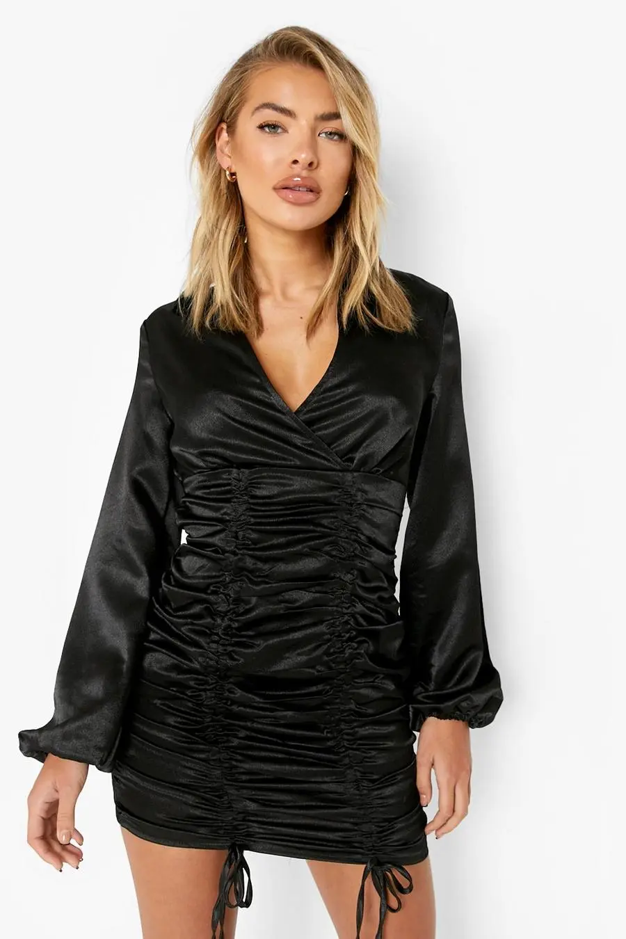 Satin Ruched Tie Detail Shirt Dress