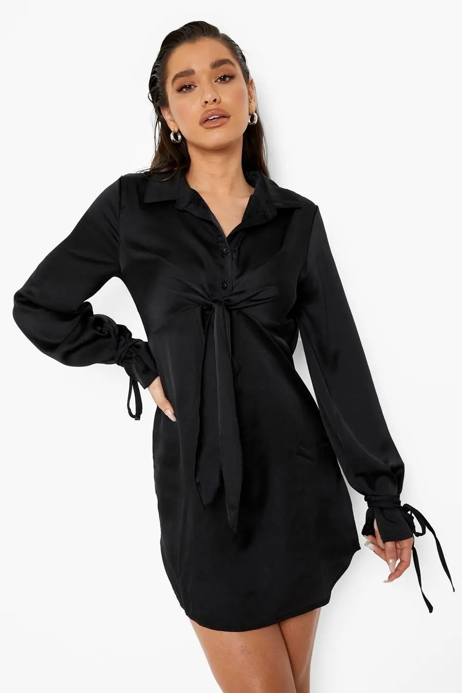 Satin Tie Detail Shirt Dress