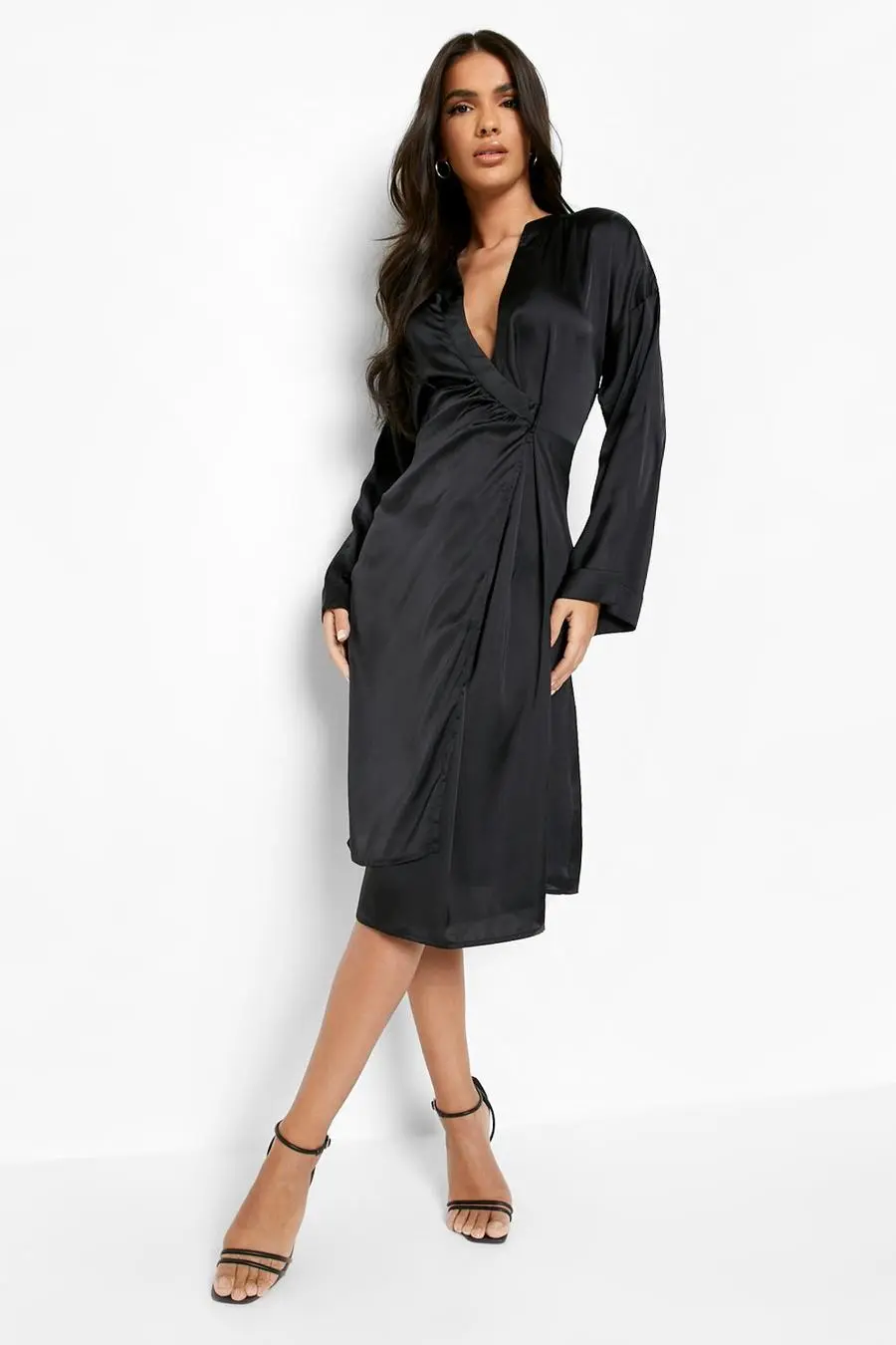 Satin Twist Collarless Midi Dress