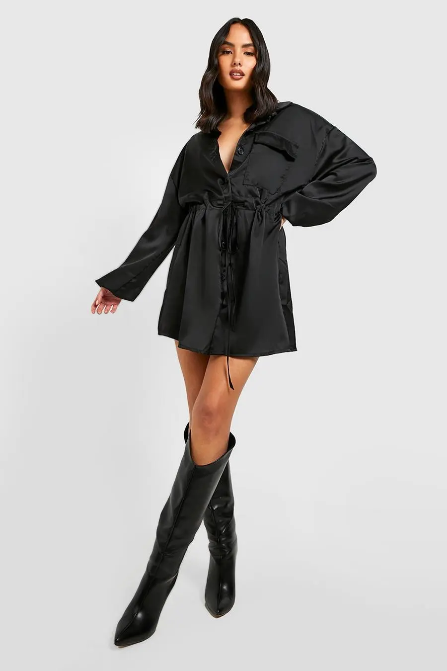 Satin Utility Detail Shirt Dress