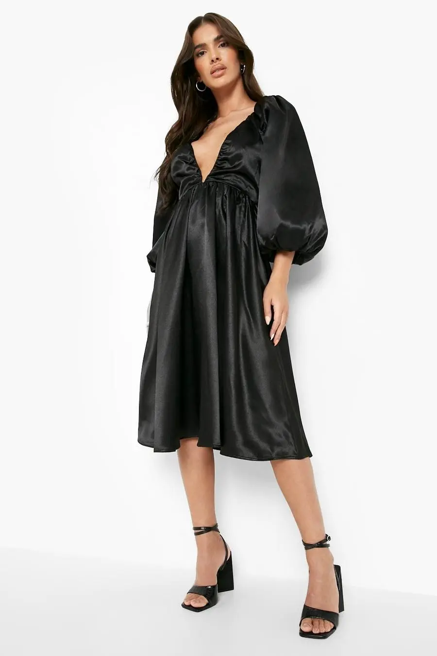 Satin Volume Sleeve Midi Skater Dress