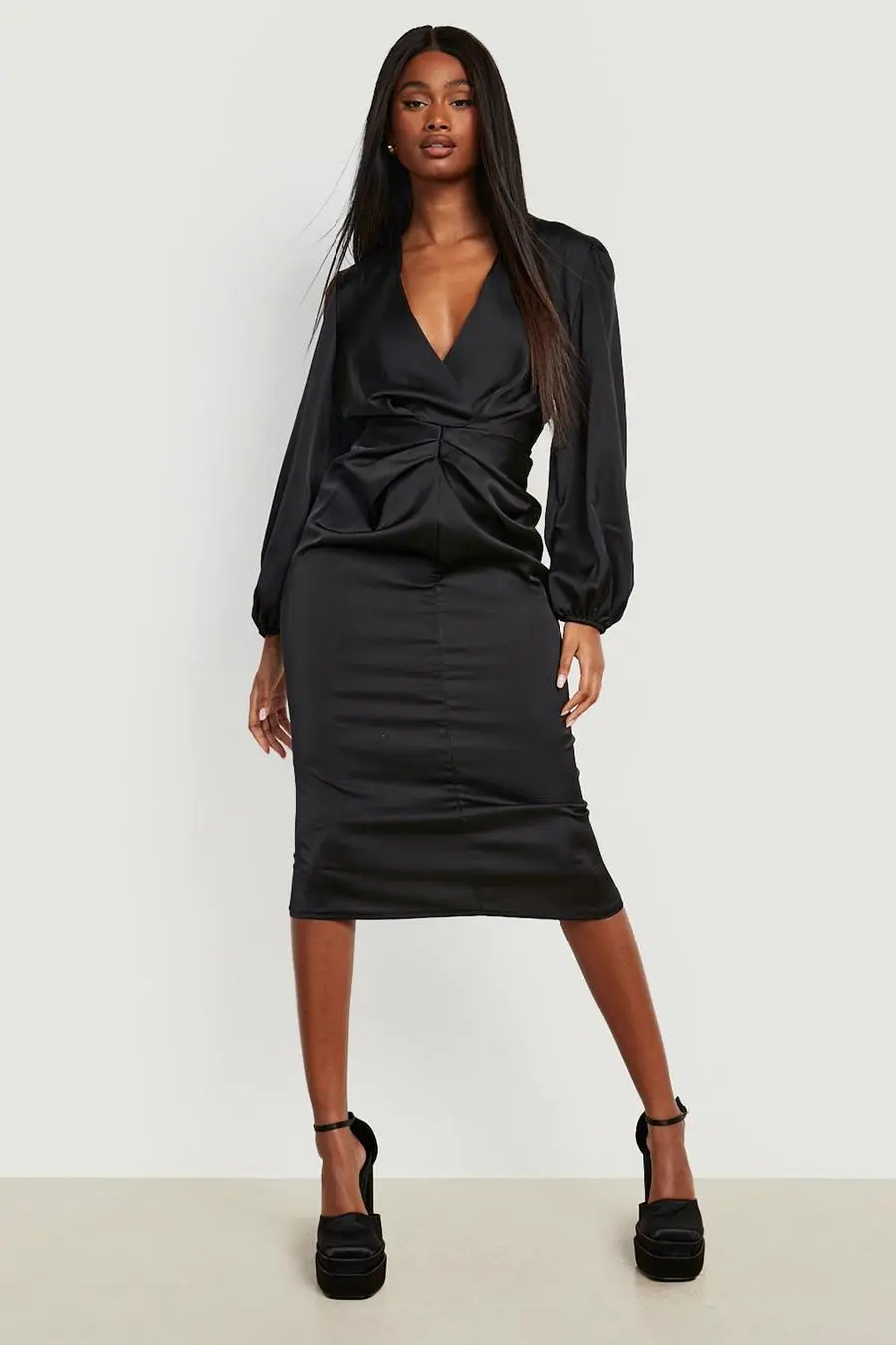 Satin Volume Sleeve Ruched Midi Dress