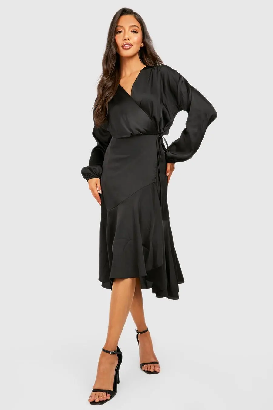 Satin Wrap Ruffle Long Sleeve Midi Dress