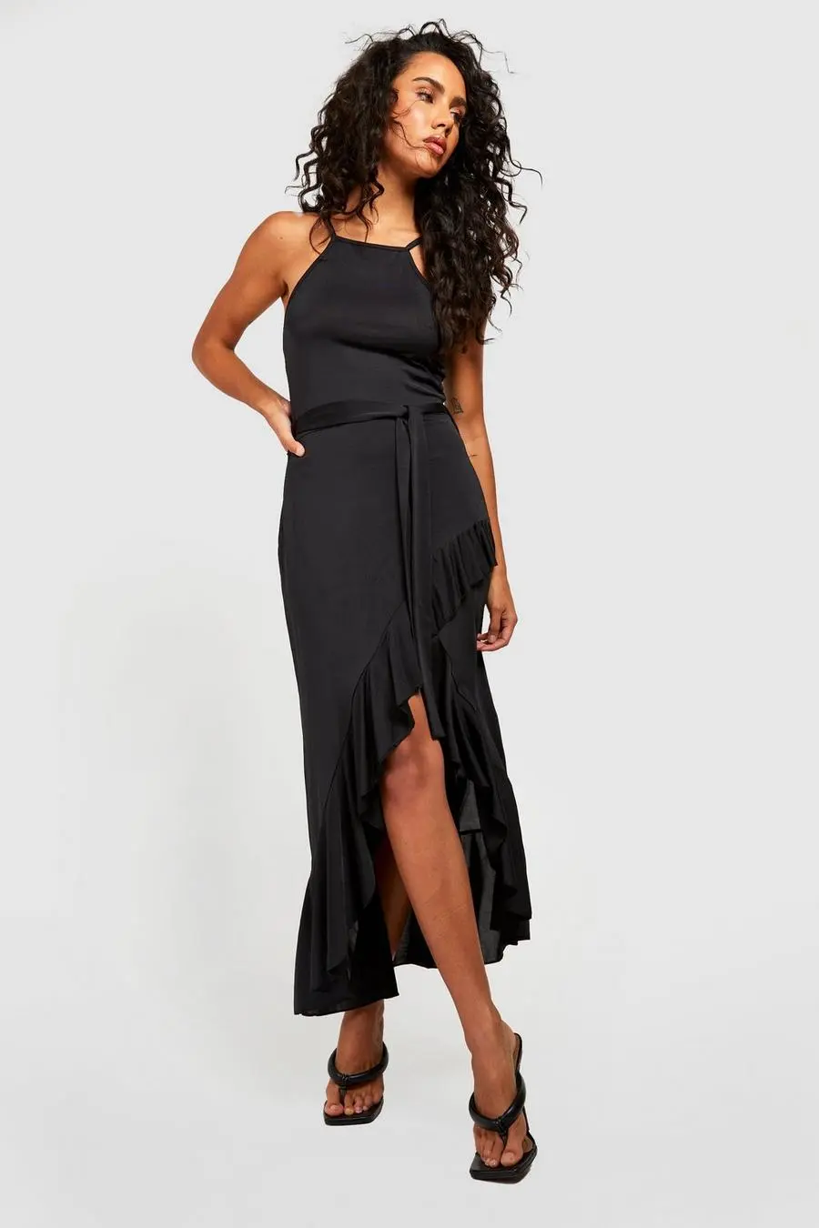 Slinky Frill Hem Belted Midaxi Dress