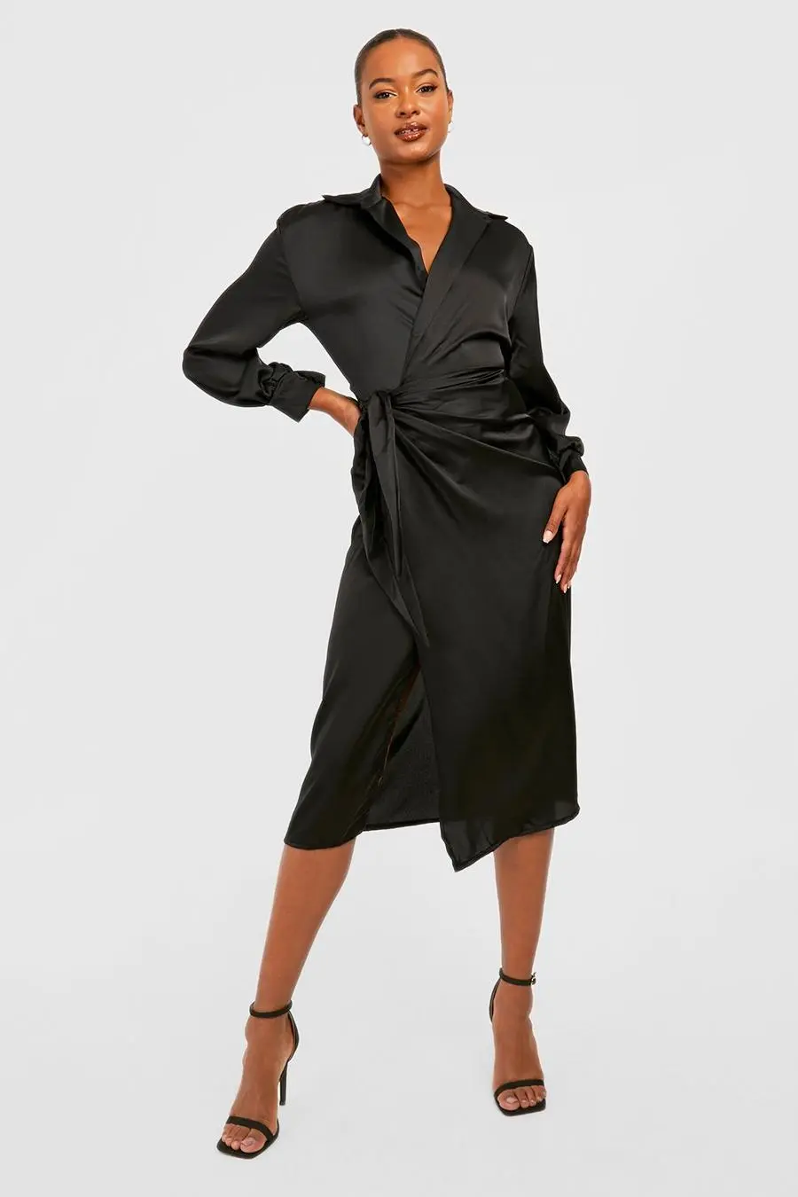 Tall Satin Wrap Midi Belted Shirt Dress