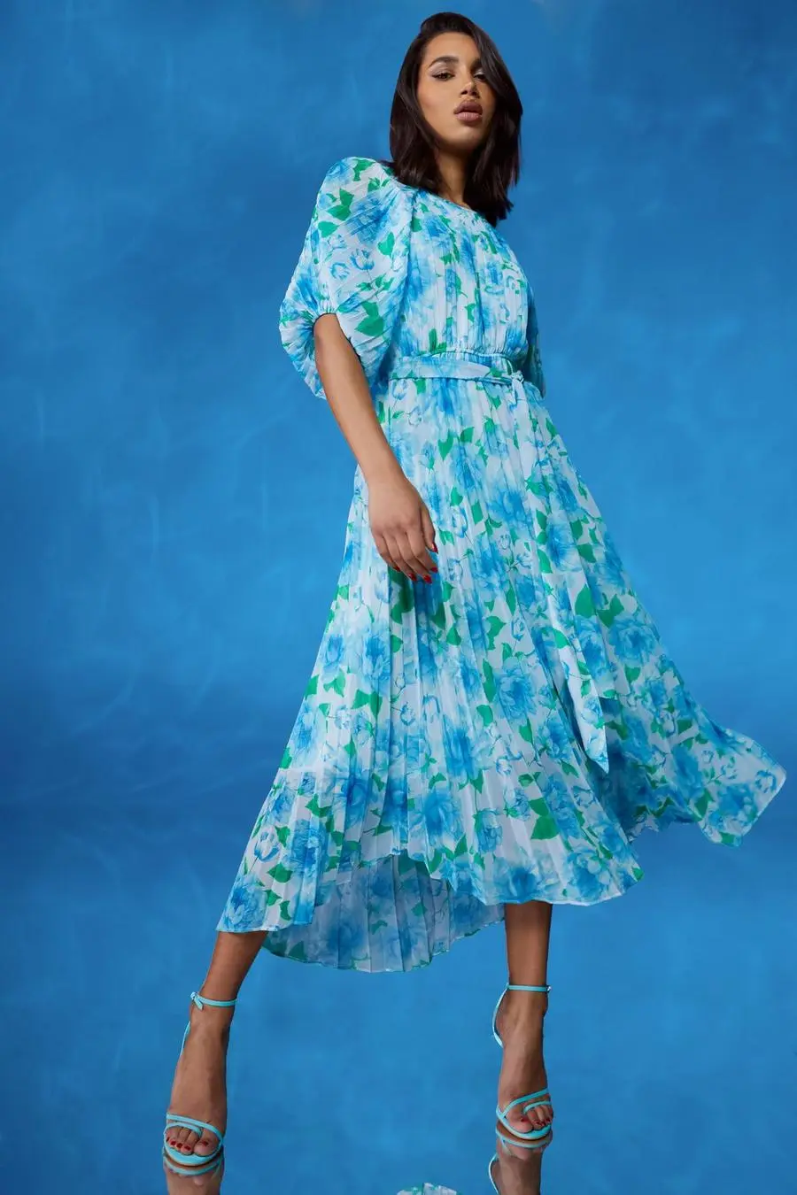 Floral Pleated Puff Sleeve Midi Dress