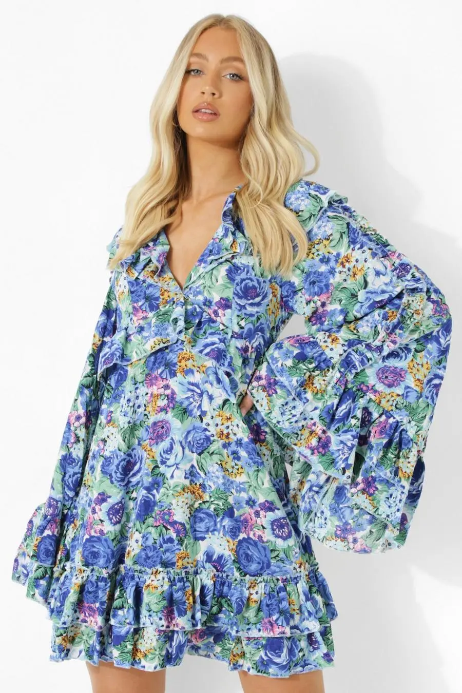 Floral Print Extreme Ruffle Skater Dress