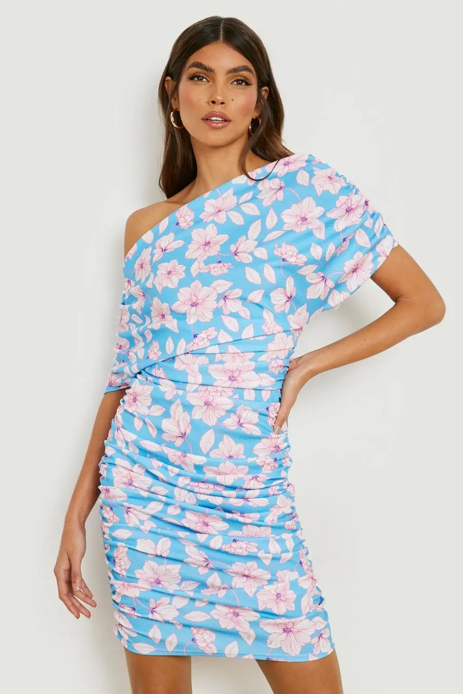 Floral Slash Neck Ruched Midi Dress