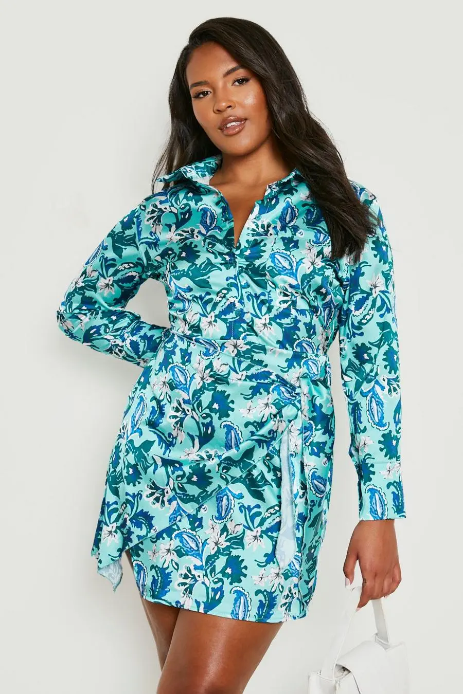 Plus Mix Paisley Tie Waist Shirt Dress