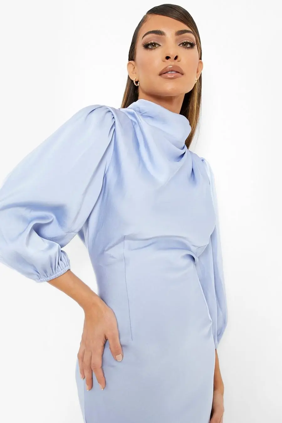 Satin Cowl Neck Blouson Sleeve Midi Dress