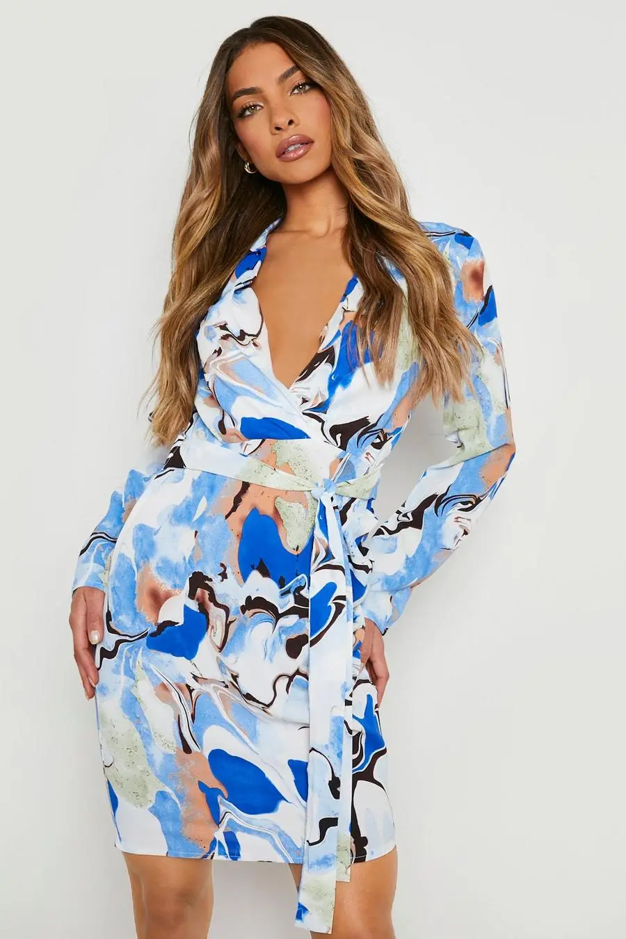 Satin Marble Print Shirt Dress