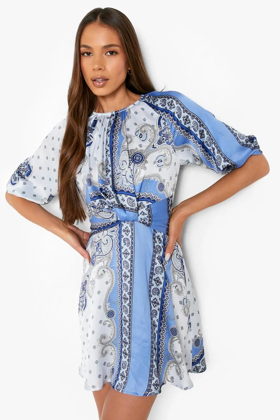 Scarf Print Twist Front Skater Dress