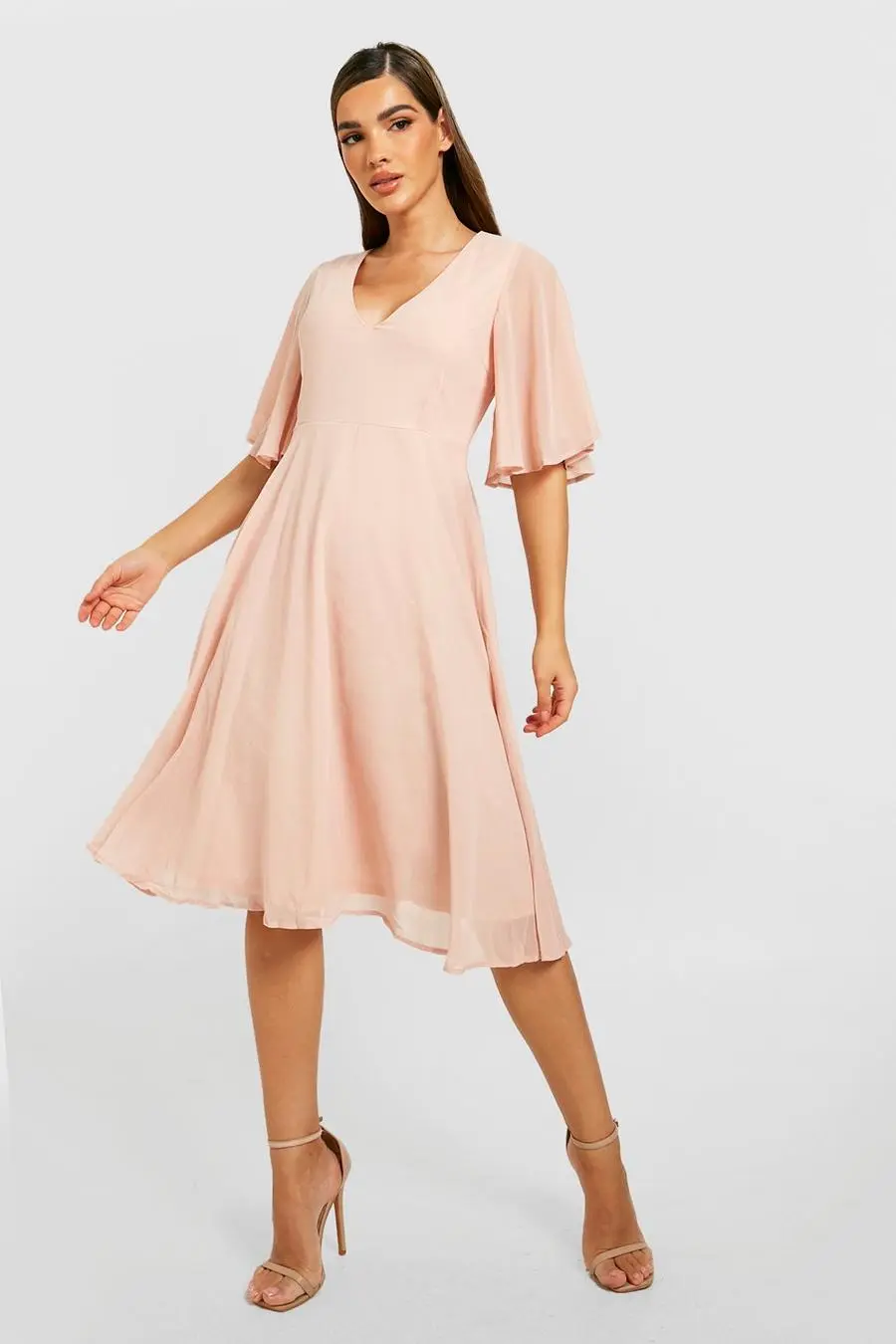 Chiffon Angel Sleeve Midi Skater Bridesmaid Dress
