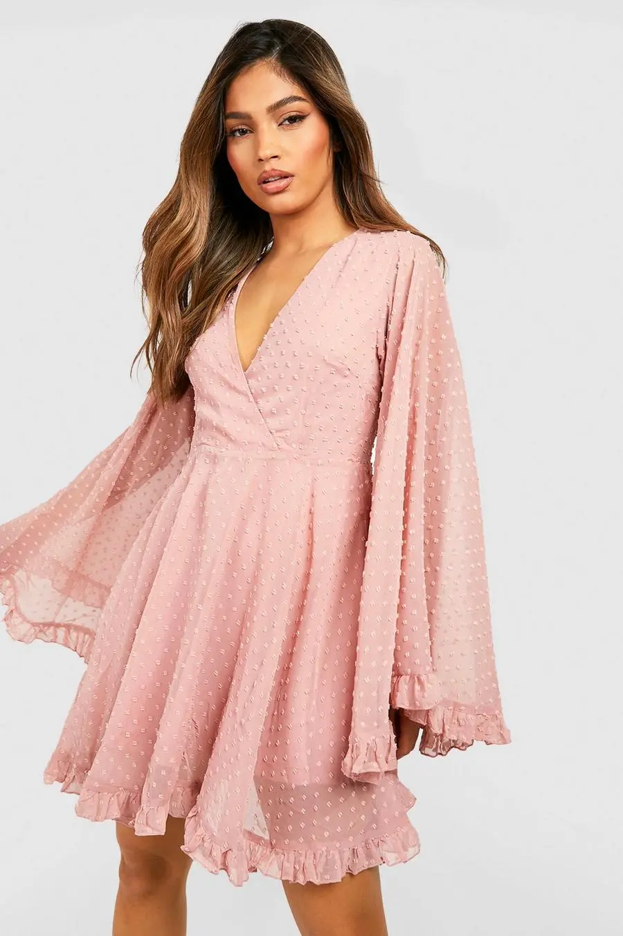 Dobby Chiffon Wide Sleeve Skater Dress