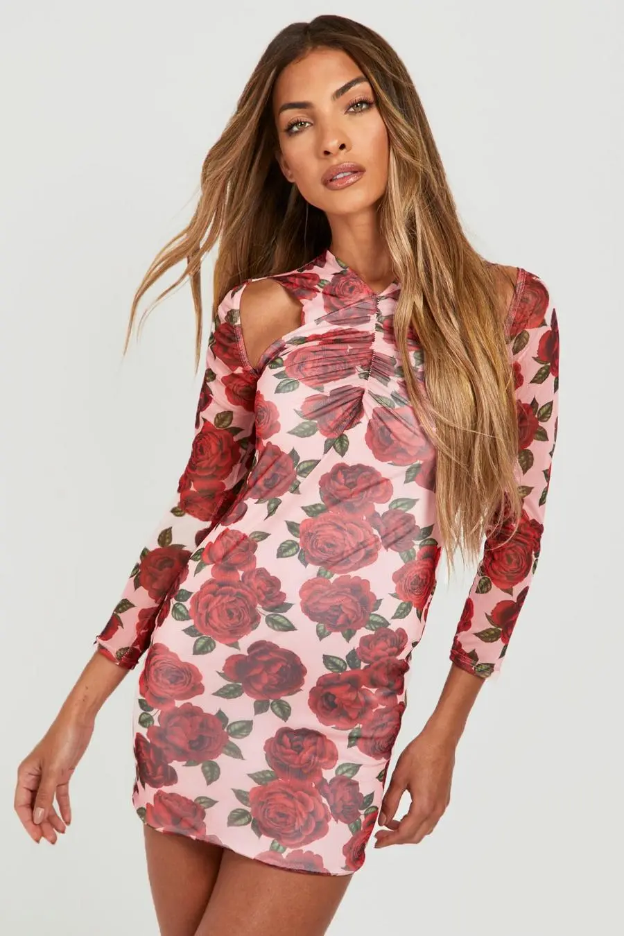 Floral Mesh Ruched Cut Out Midi Dress