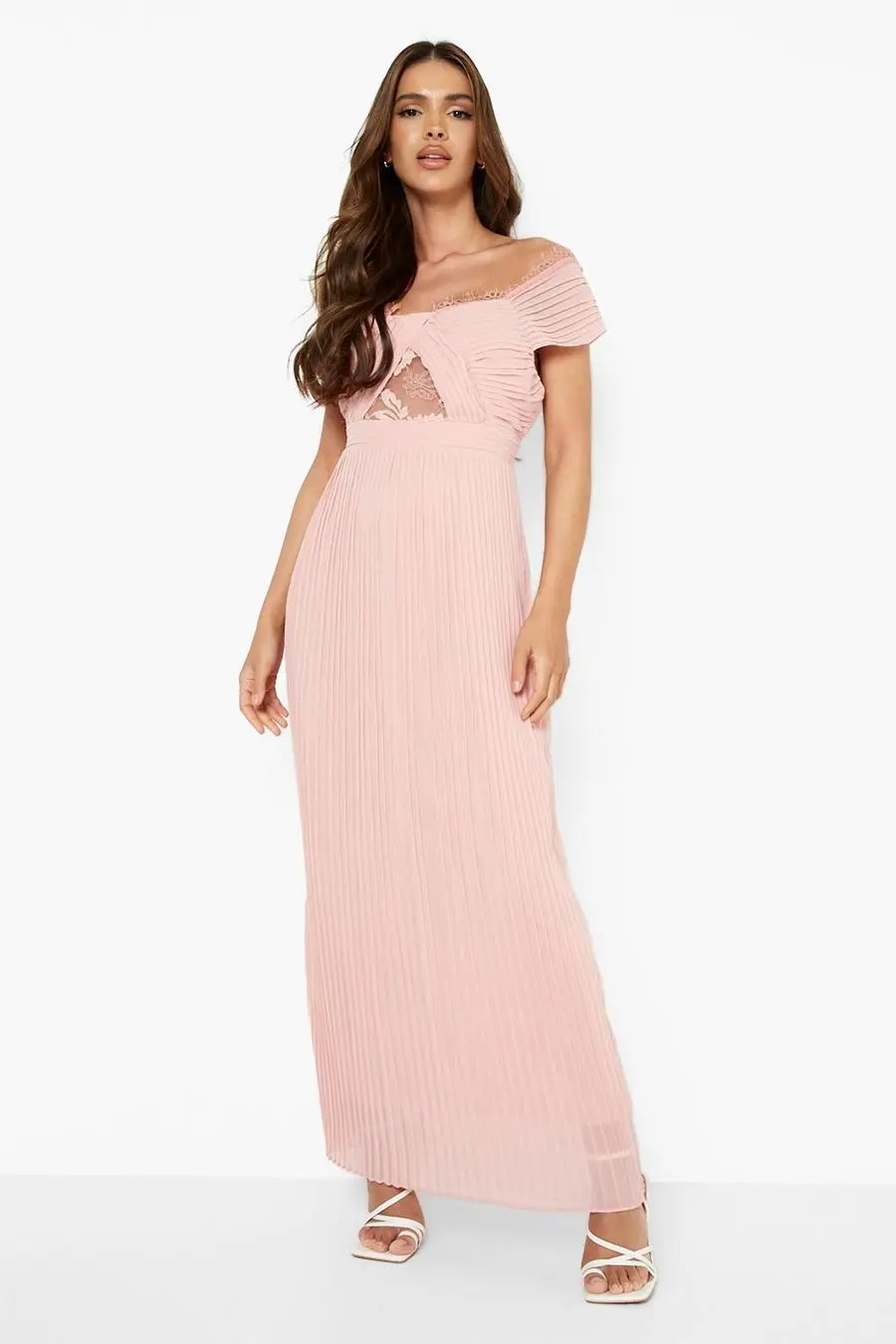 Lace Detail Pleated Off The Shoulder Maxi Dress