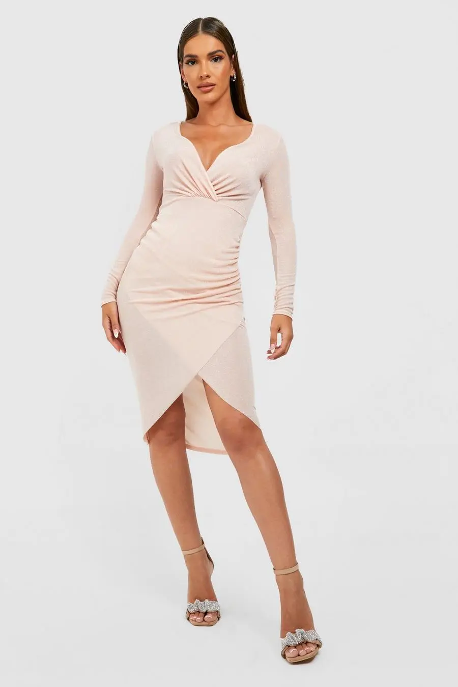 Metallic Wrap Over Ruched Detail Dress