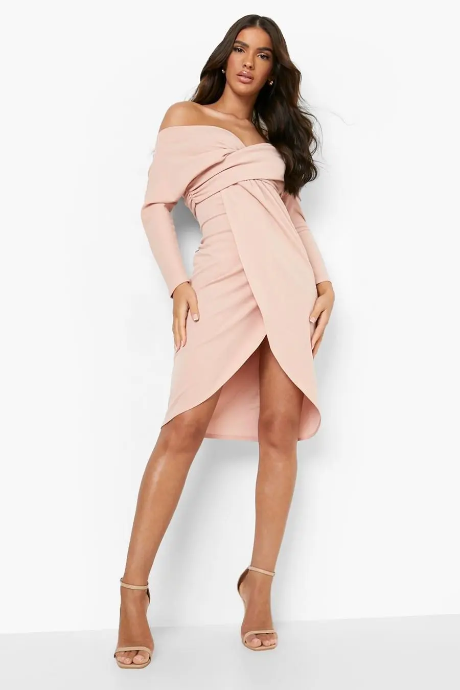 Off The Shoulder Wrap Front Midi Dress