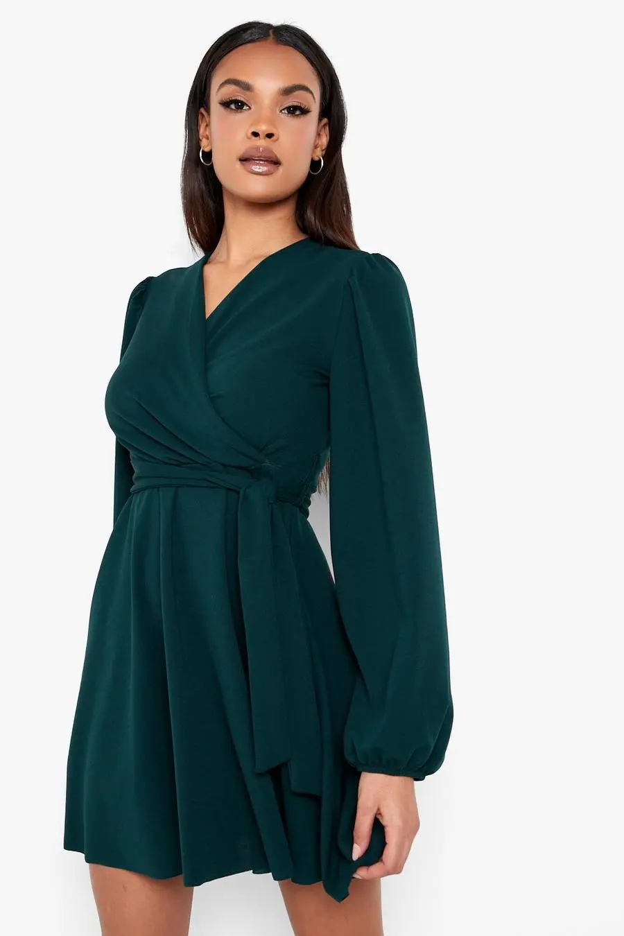 Balloon Sleeve Wrap Mini Skater Dress