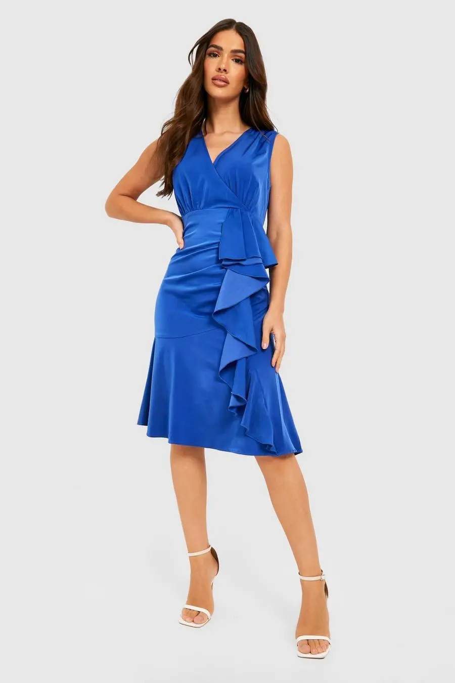 Satin Wrap Ruffle Midi Dress