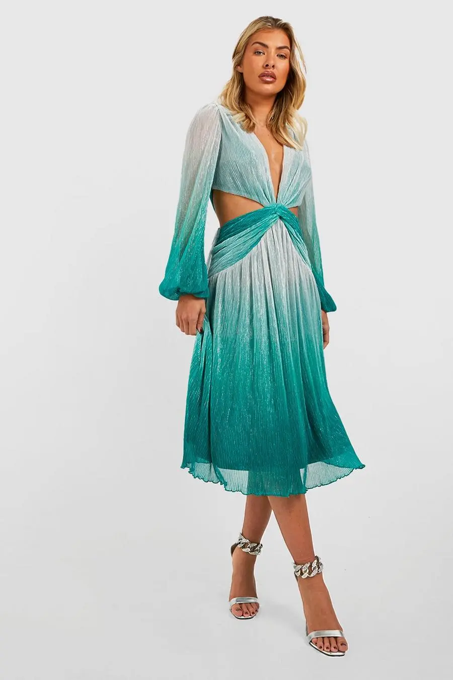 Metallic Cut Out Plunge Midi Dress