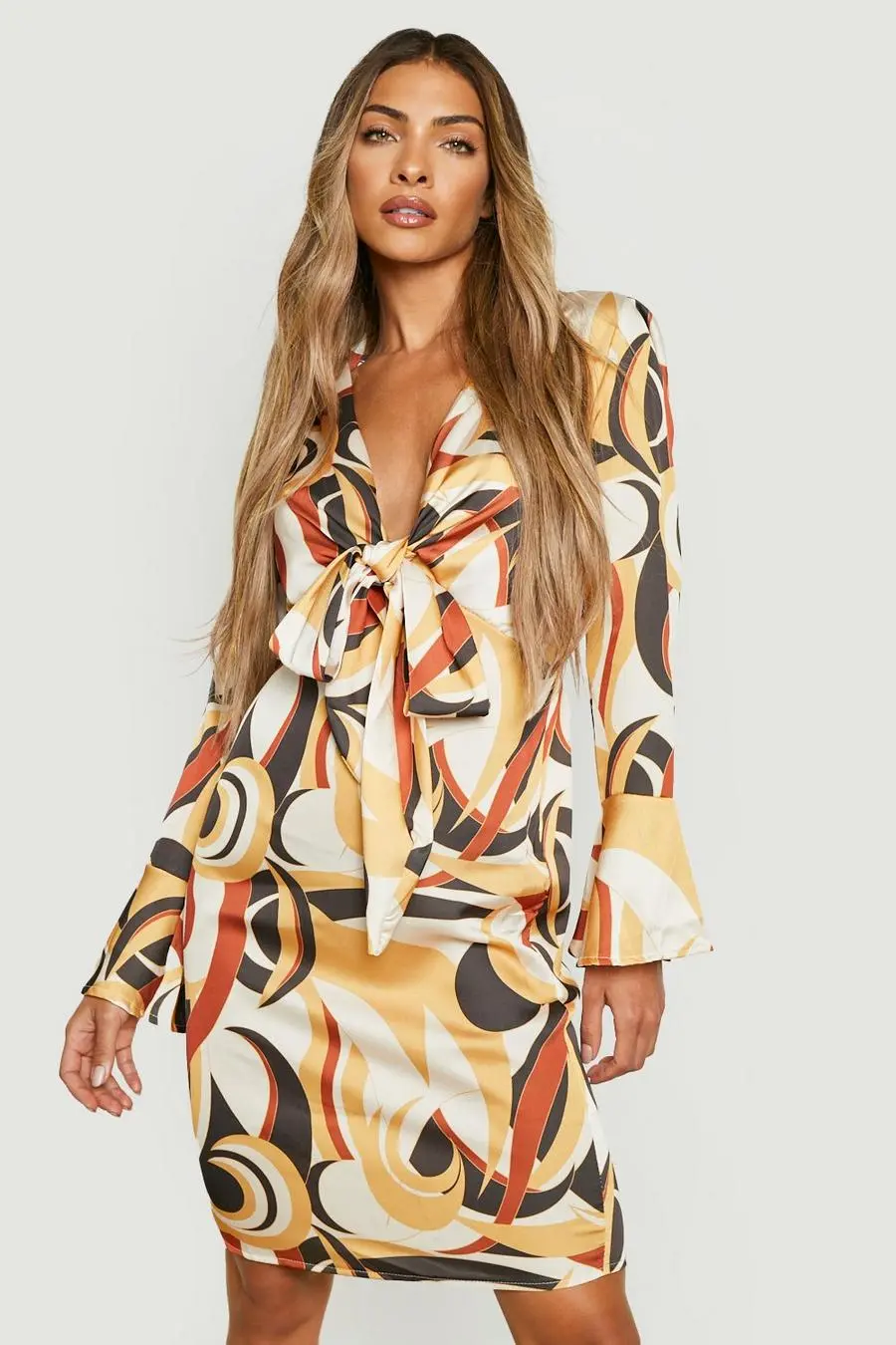 Abstract Flare Sleeve Knot Front Dress