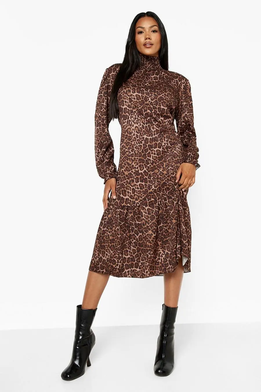Leopard Print High Neck Drop Hem Midi Dress