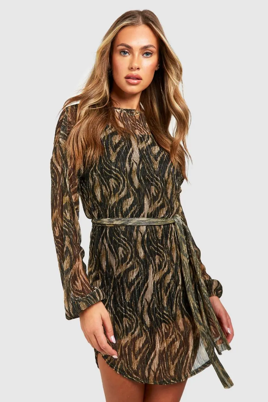 Metallic Zebra Plisse Belted Shift Dress