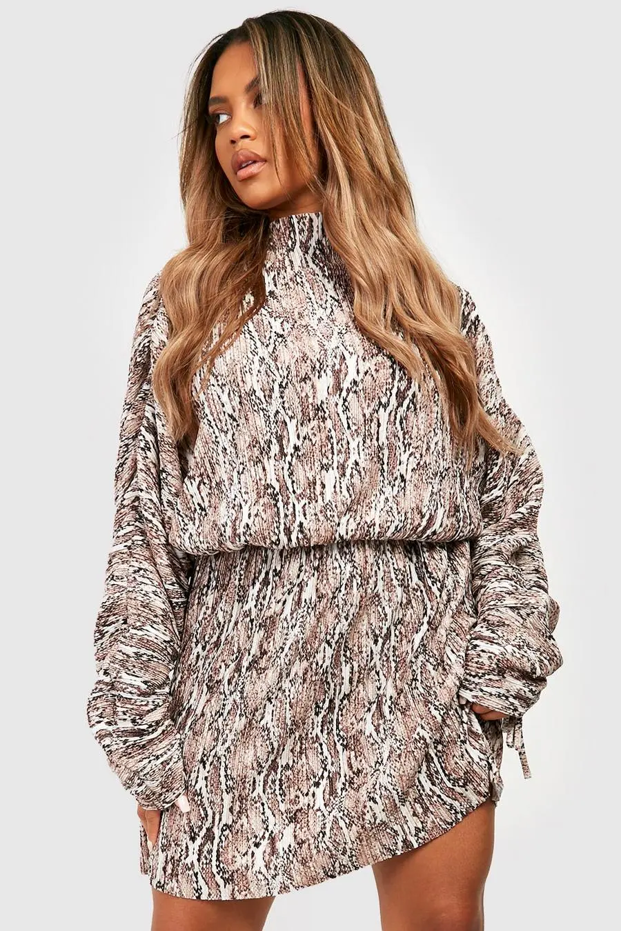 Plus Snake Plisse Ruched Sleeve Dress