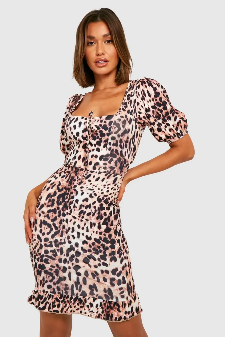 Recycled Slinky Leopard Ruffle Mini Dress