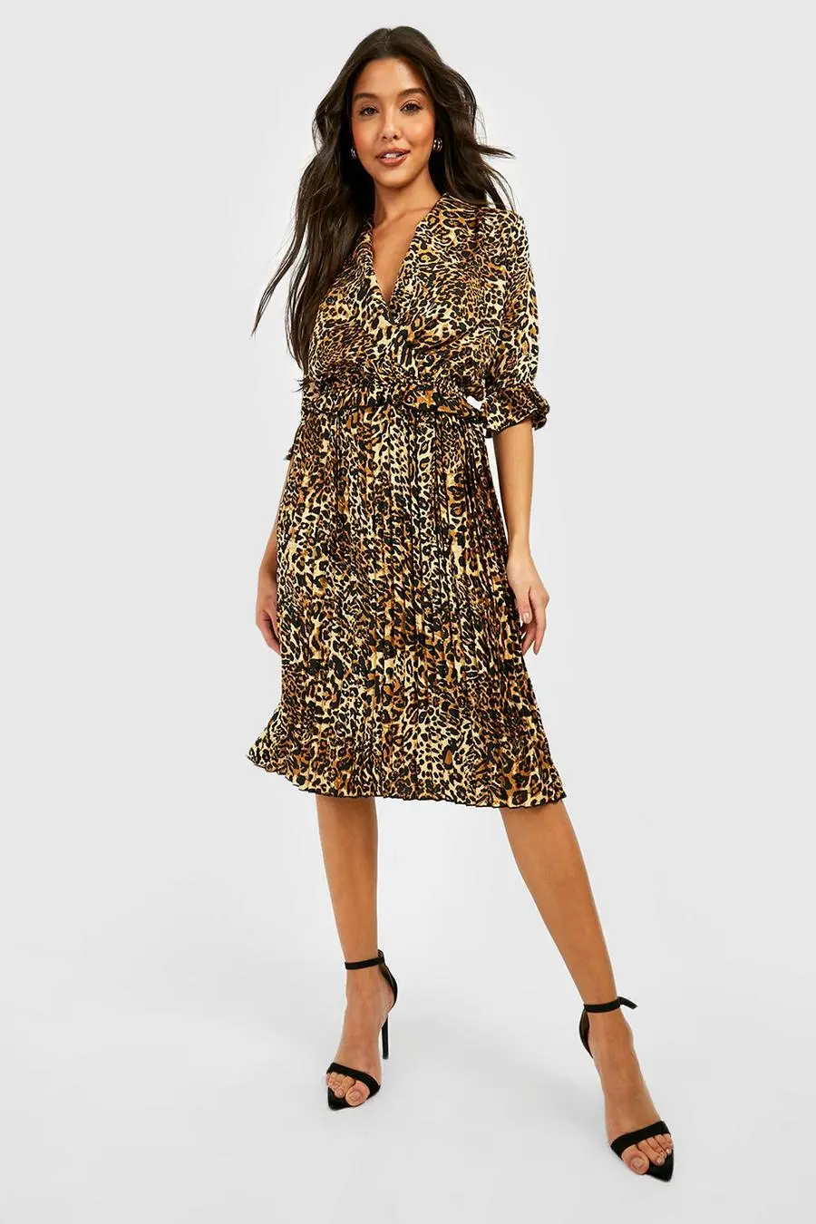 Satin Leopard Pleated Midi Skater Dress