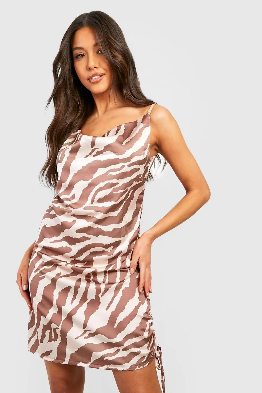 Satin Zebra Print Ruched Cowl Neck Dress