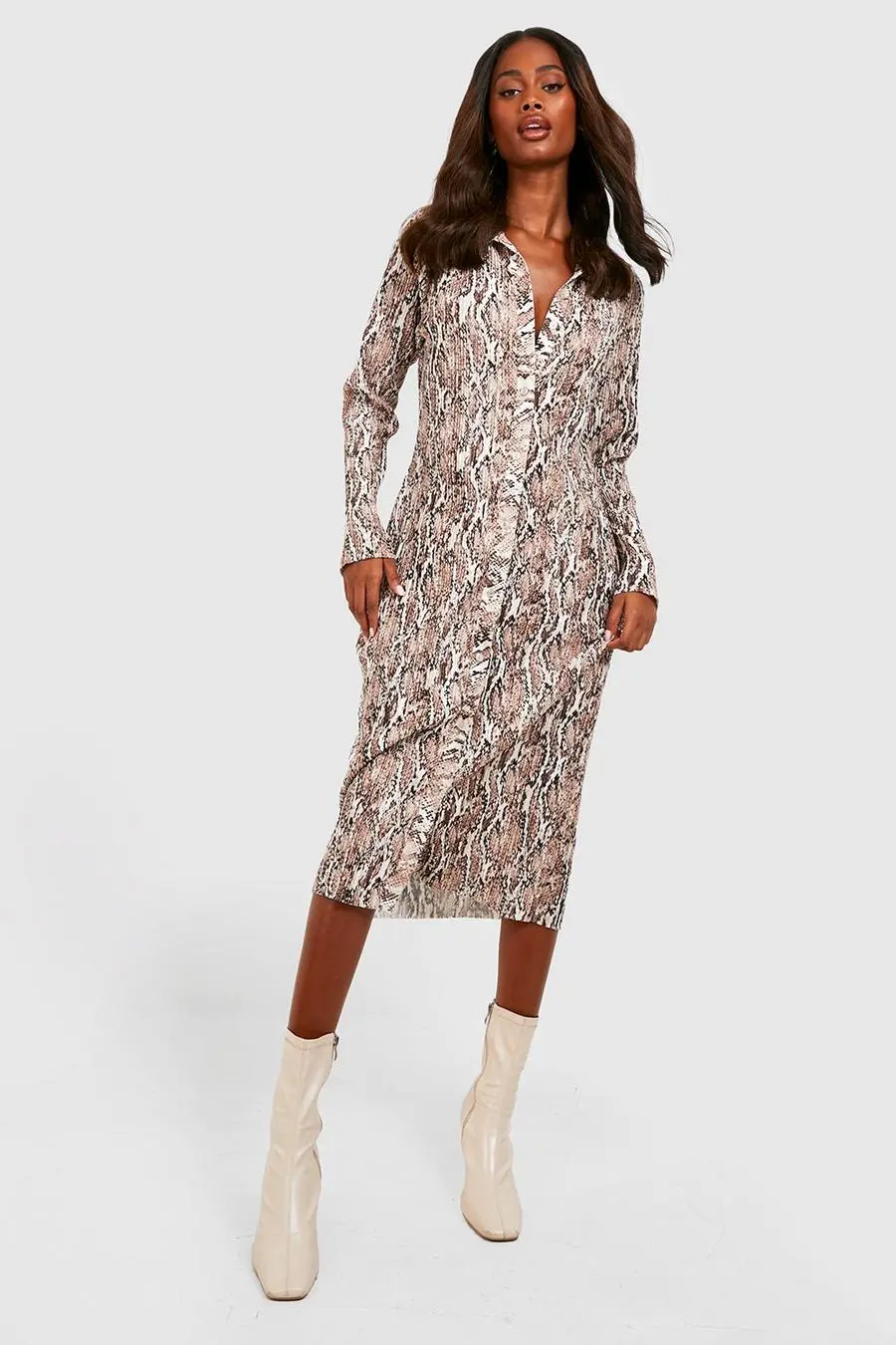 Snake Plisse Midi Shirt Dress