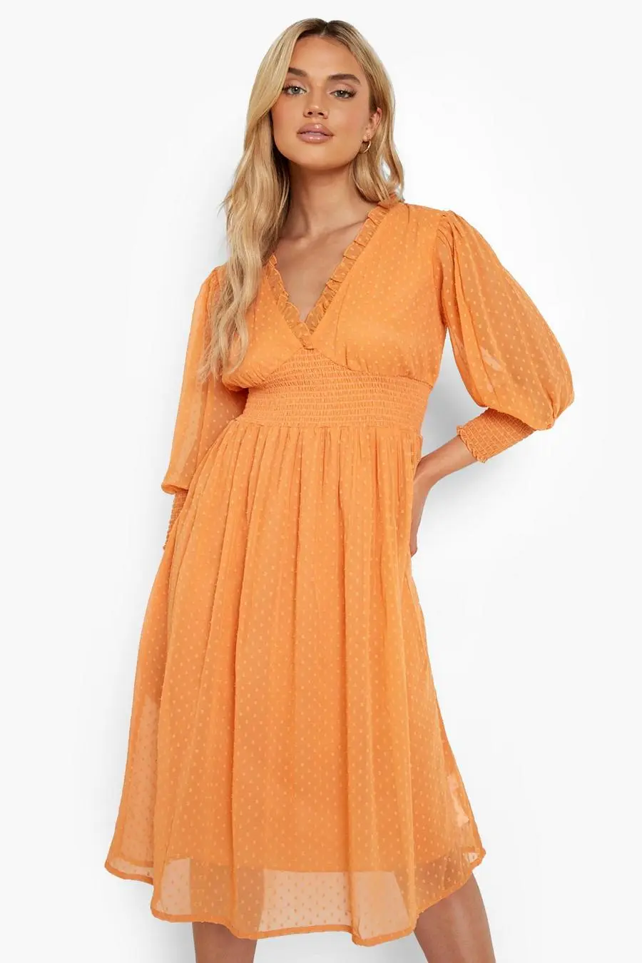 Dobby Mesh V Neck Puff Sleeve Midi Dress