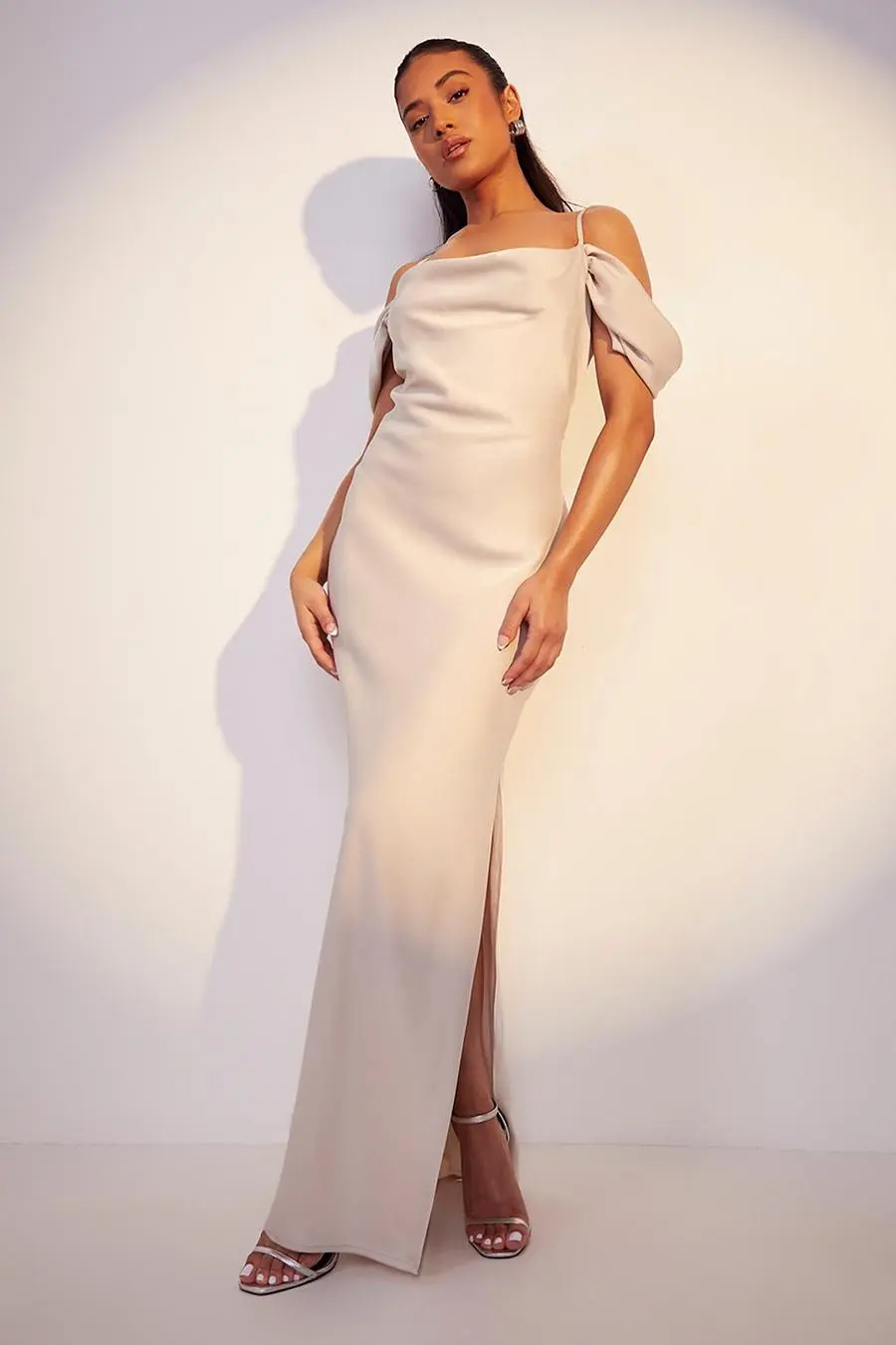 Petite Satin Cold Shoulder Maxi Dress