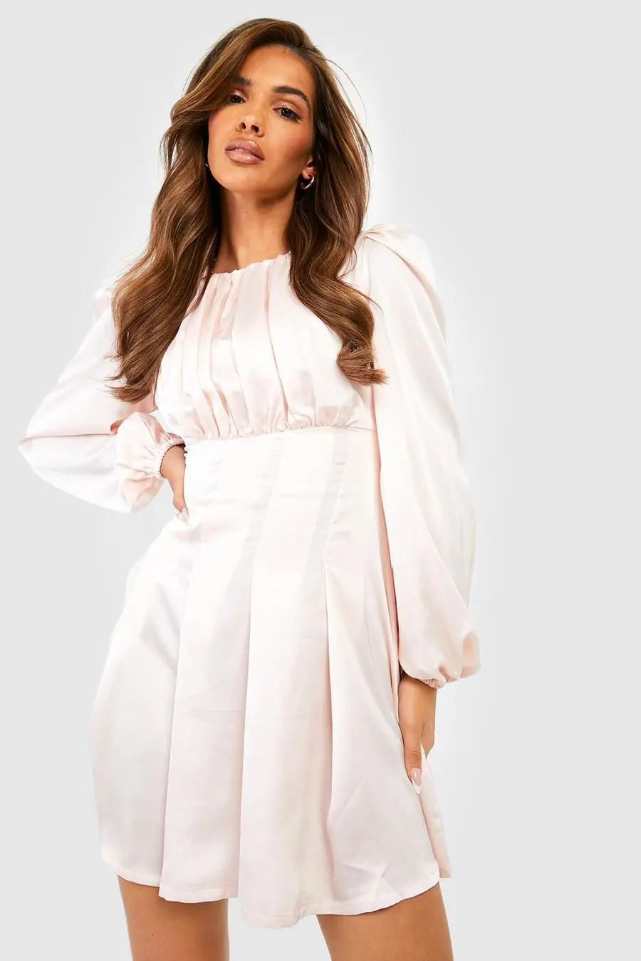 Satin Blouson Sleeve Skater Dress