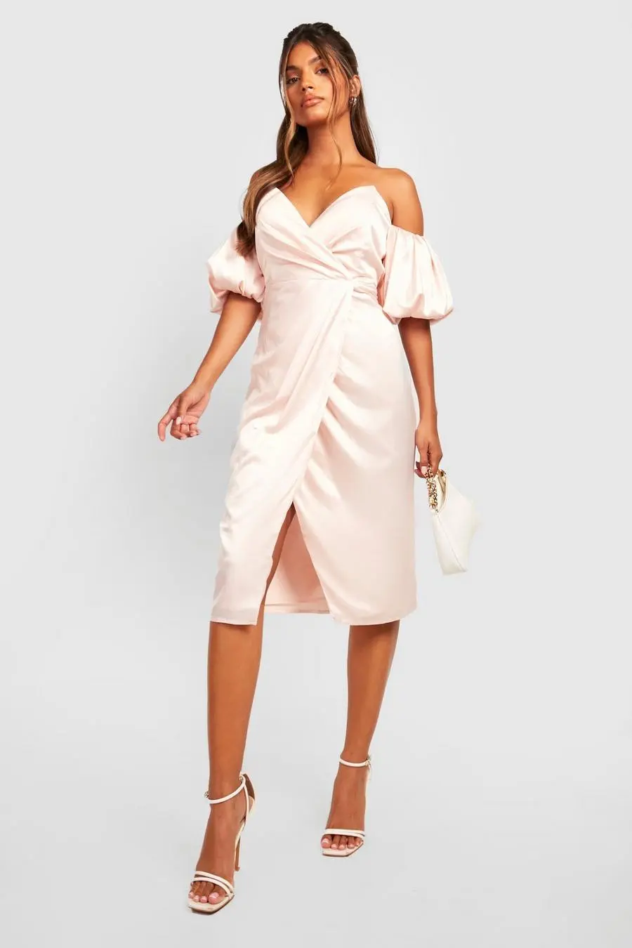 Satin Puff Sleeve Wrap Midi Dress