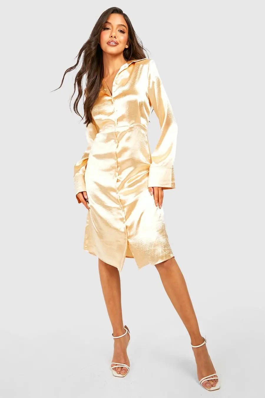 Satin Wide Sleeve Midi Shirt Dress
