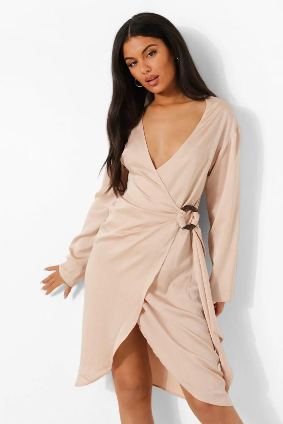 Satin Wrap Midi Shirt Dress
