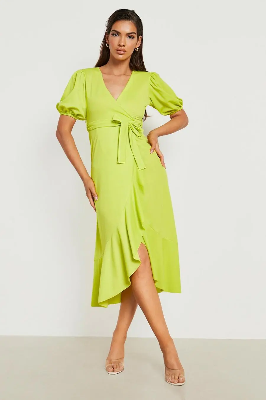 Ruffle Wrap Puff Sleeve Midaxi Dress