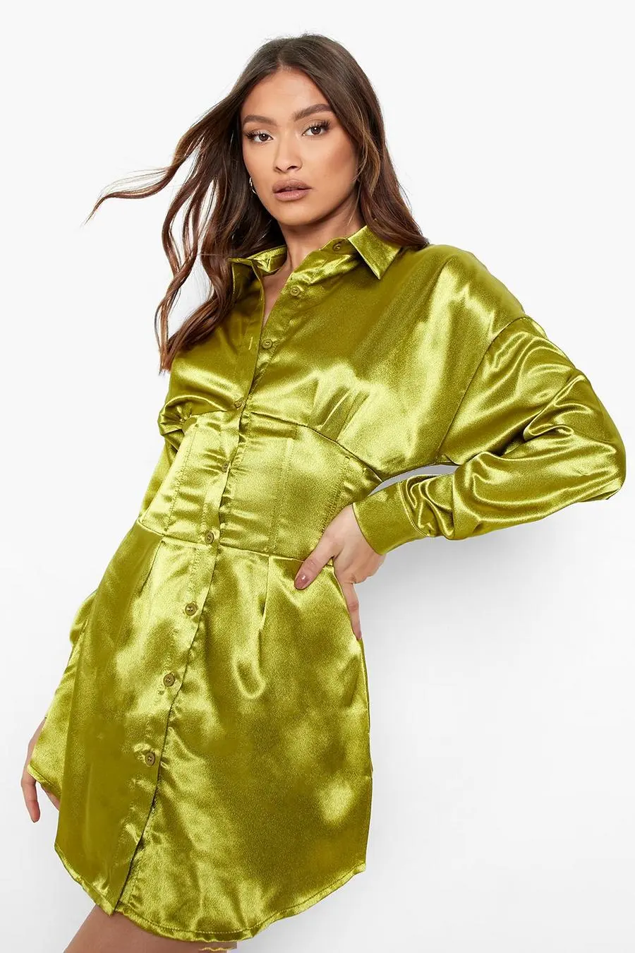 Satin Corset Waist Detail Shirt Dress