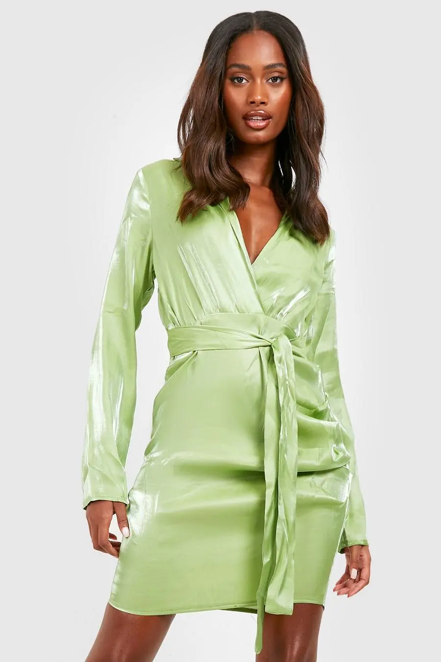 Satin Shimmer Belted Wrap Shirt Dress
