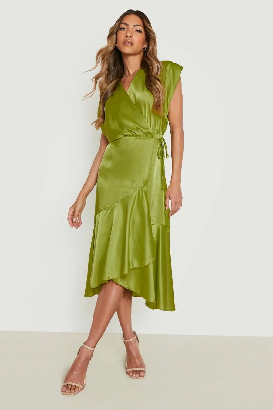 Satin Wrap Ruffle Midi Dress