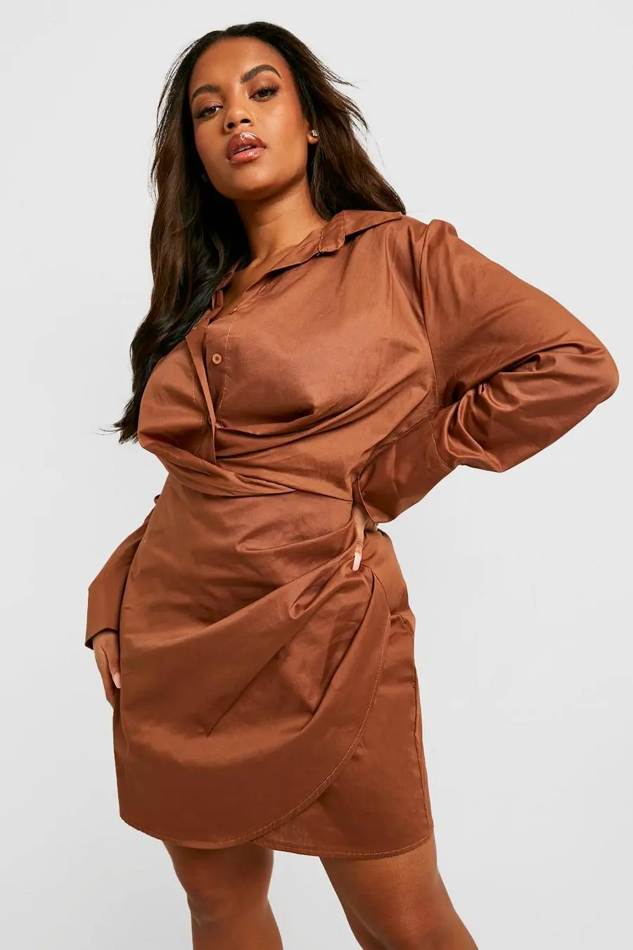 Plus Deep Cuff Woven Wrap Shirt Dress