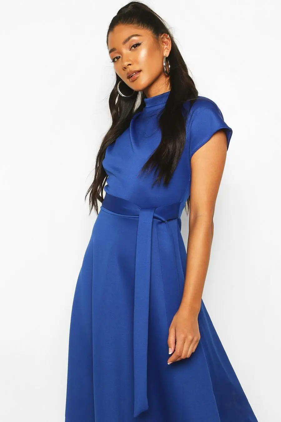 Funnel Neck Belted Midi Skater Dress