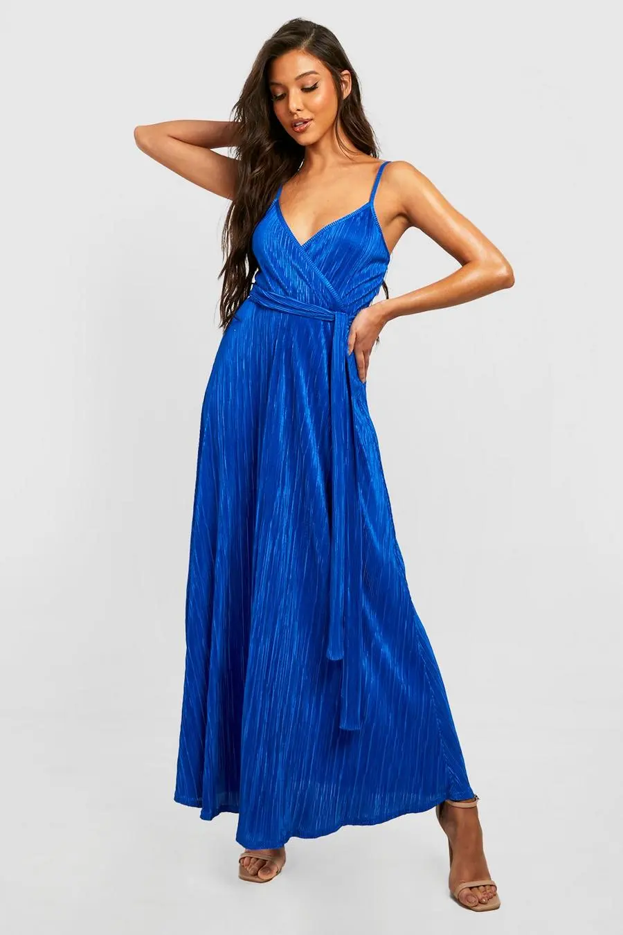 Plisse Wrap Tie Waist Midi Dress