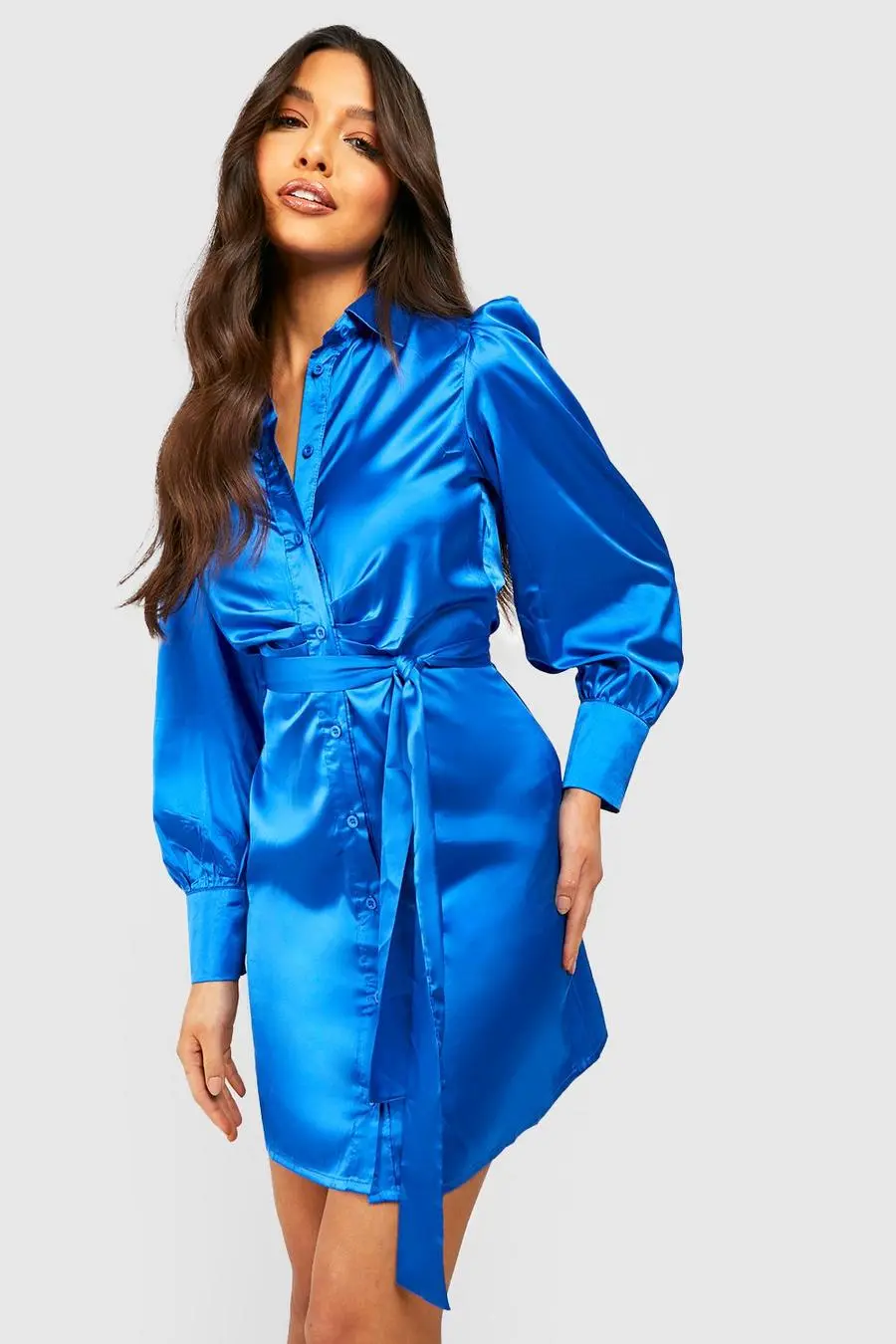 Satin Tie Belted Shirt Dress