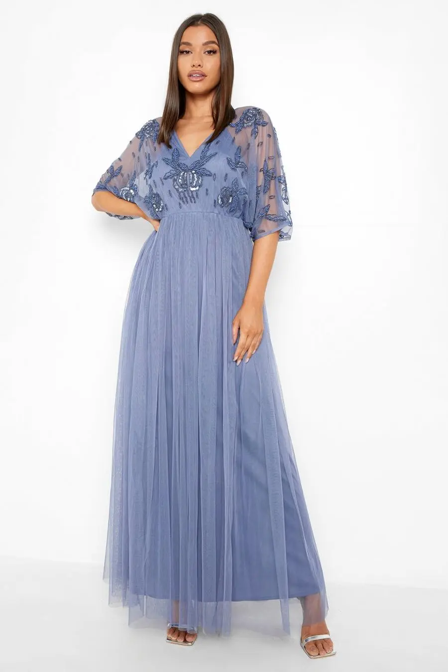 Hand Embellished Kimono Mesh Maxi Dress